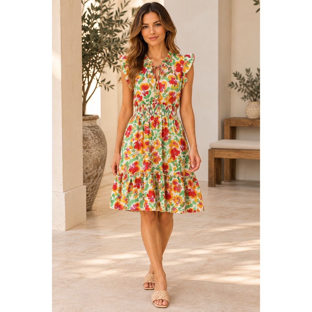 Cabi Spirit Dress 6216 Boho Floral Smocked Ruffle Mini Dress Large NWT